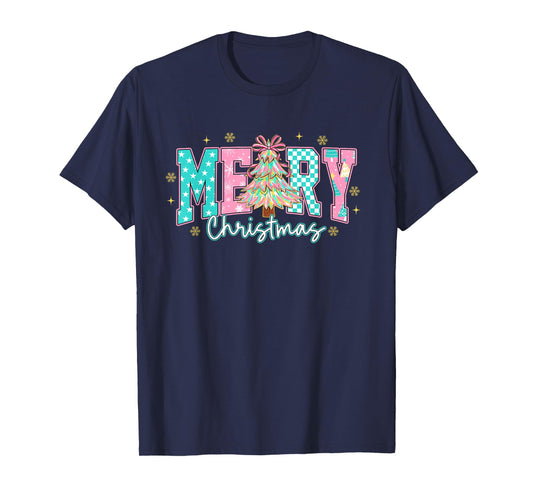 Cute Pastel Merry Christmas Retro Pink Teal Tree Gift T-Shirt