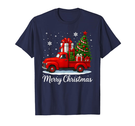 Vintage Merry Christmas Red Truck Funny Xmas Tree Boys Men T-Shirt