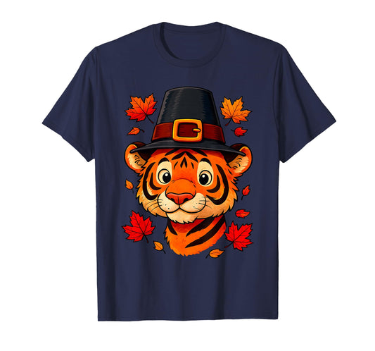 Cute Thanksgiving Tiger in Pilgrim Hat with Leaves T-Shirt
