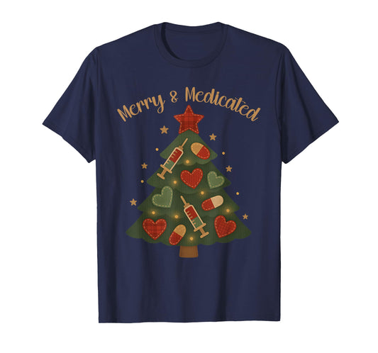 Merry and Medicated RN Nurse Christmas Tree Funny Medical T-Shirt