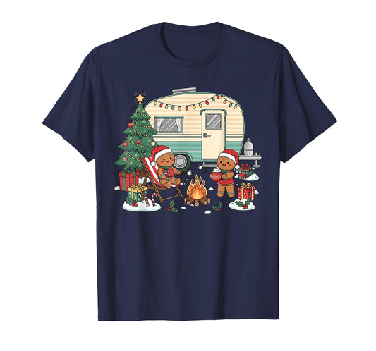 Christmas Camping Gingerbread Campfire Tree Gifts Santa Hats T-Shirt