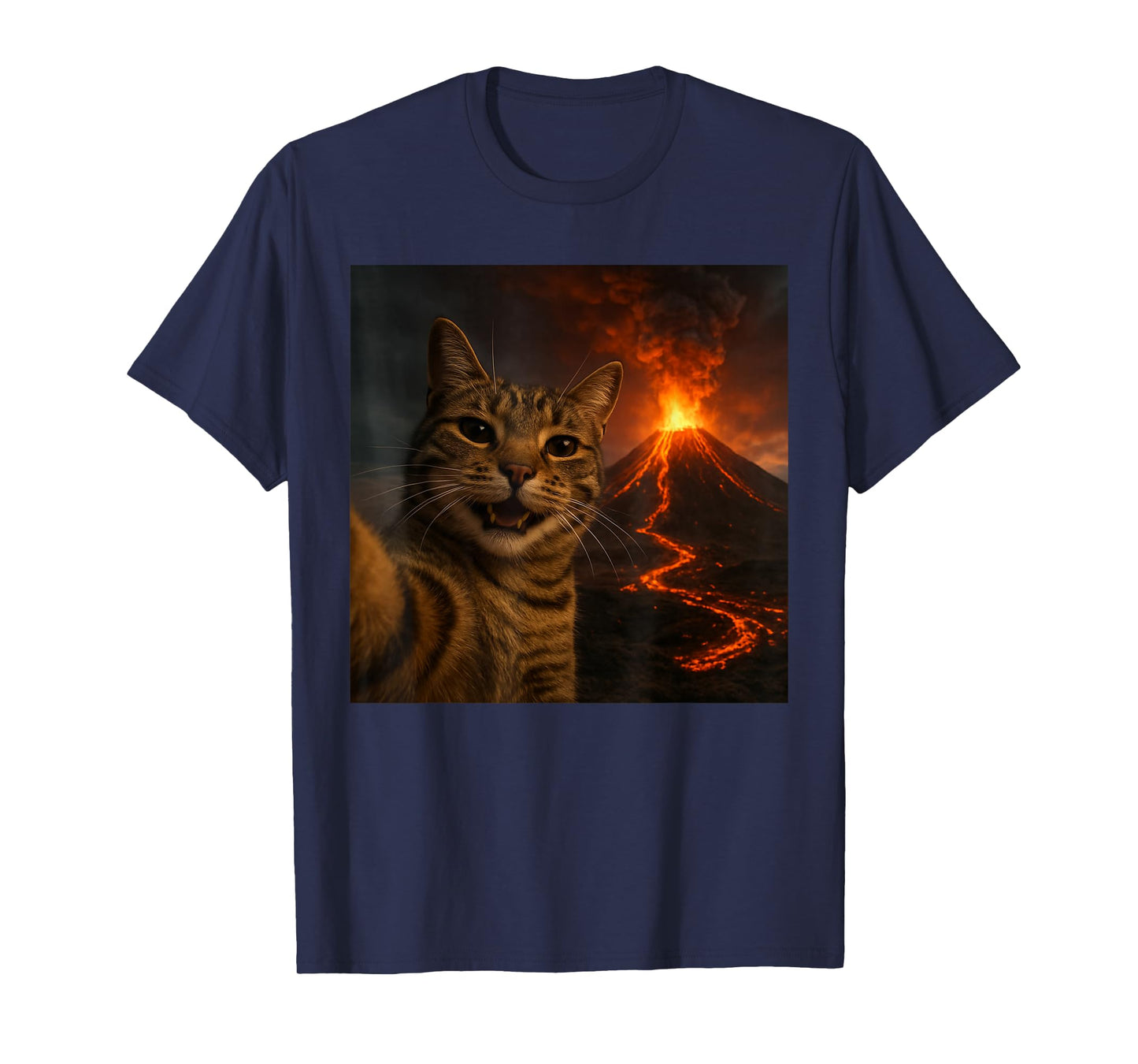 Funny Cat Selfie with Erupting Volcano Meme Sci-fi T-Shirt