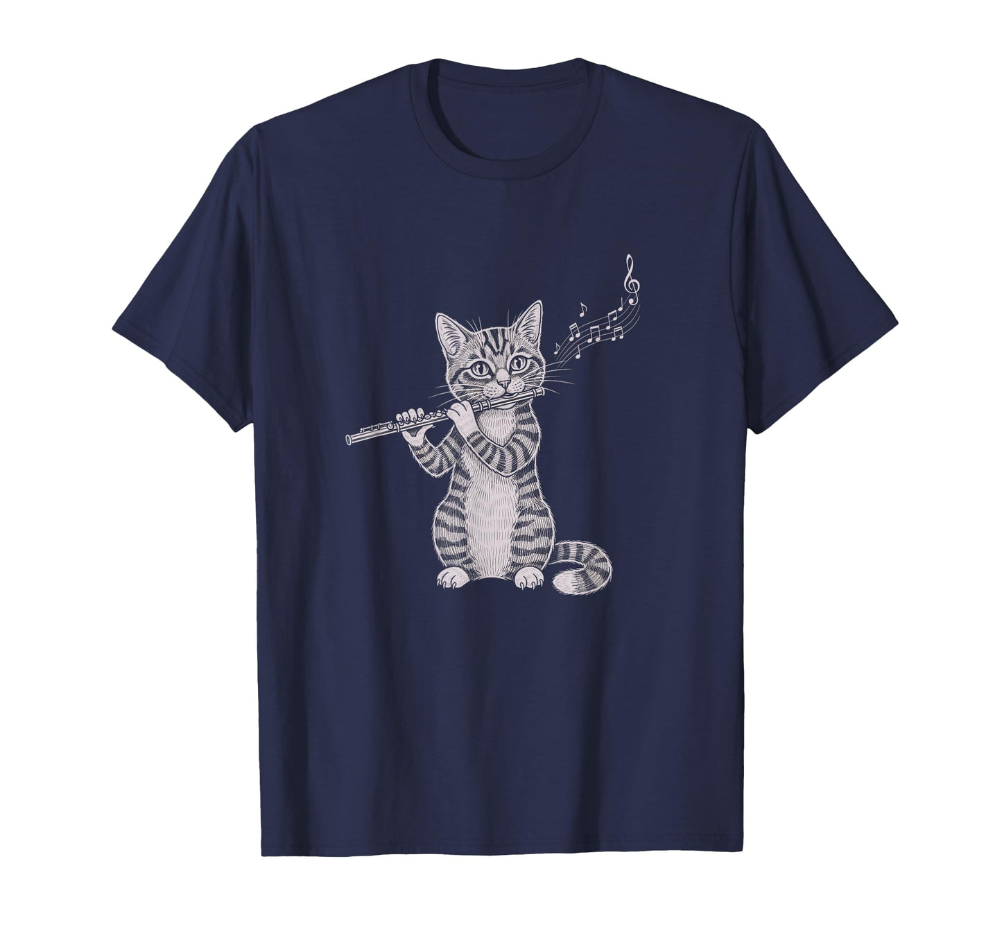 Cat Playing Flute Drawing Art Design T-Shirt