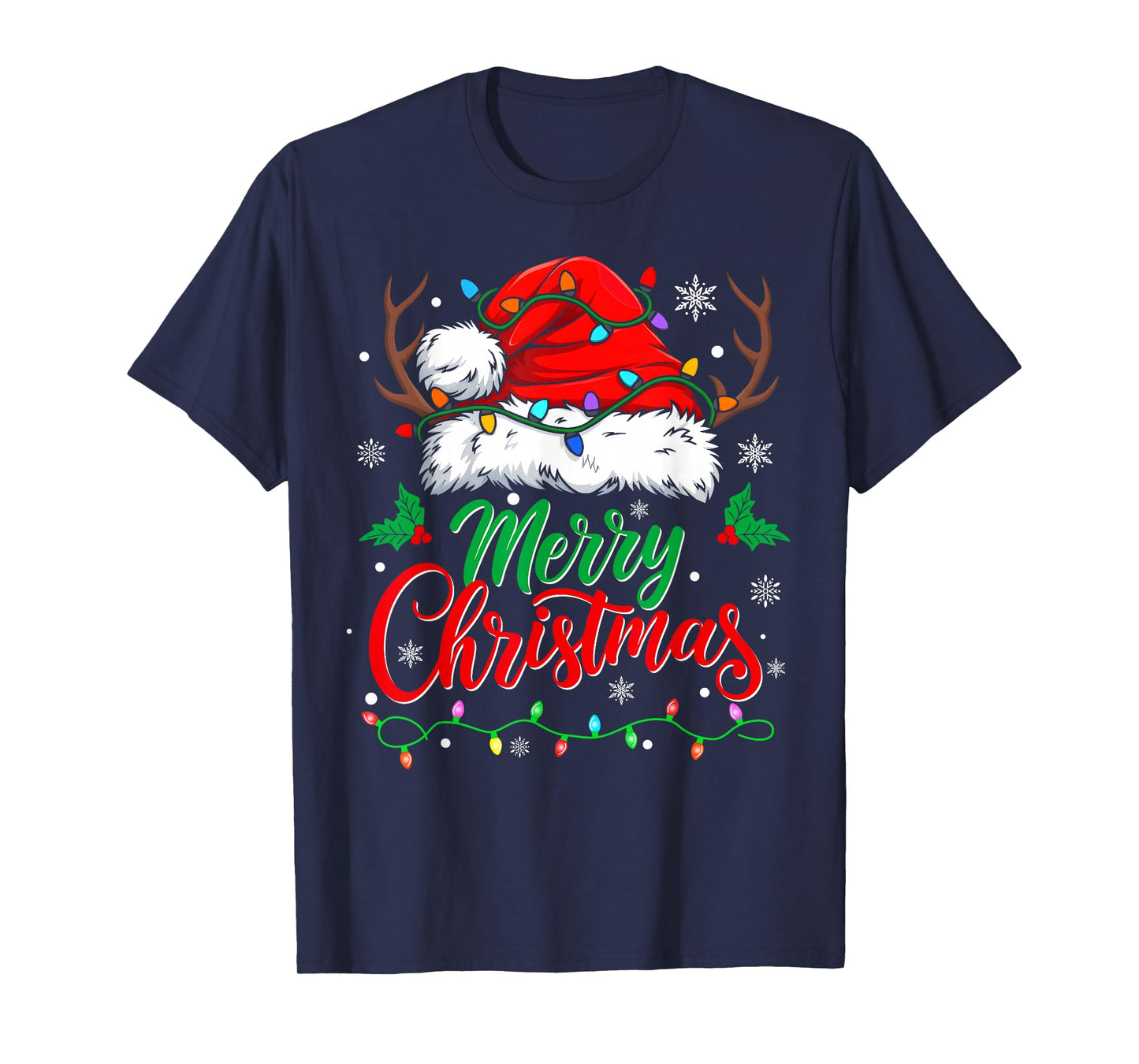 Merry Christmas Lights Red Santa Hat Xmas Family Men Women T-Shirt