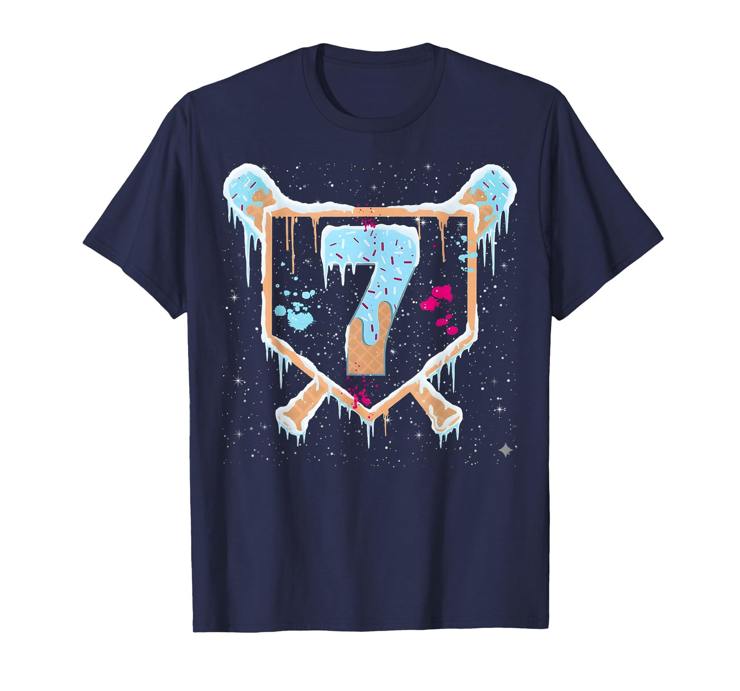 Baseball 7 Year Old Ice Cream Drip 7th Birthday Boy Number 7 T-Shirt