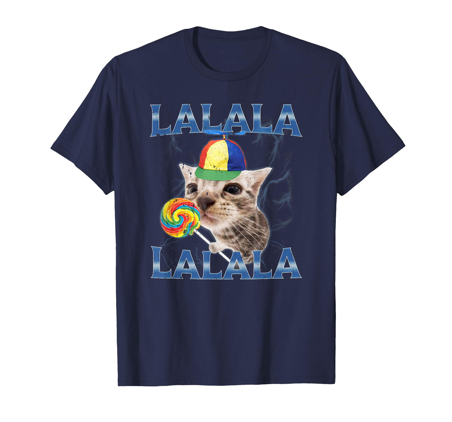Silly Lalala Cat Meme with Propeller Hat and Candy T-Shirt