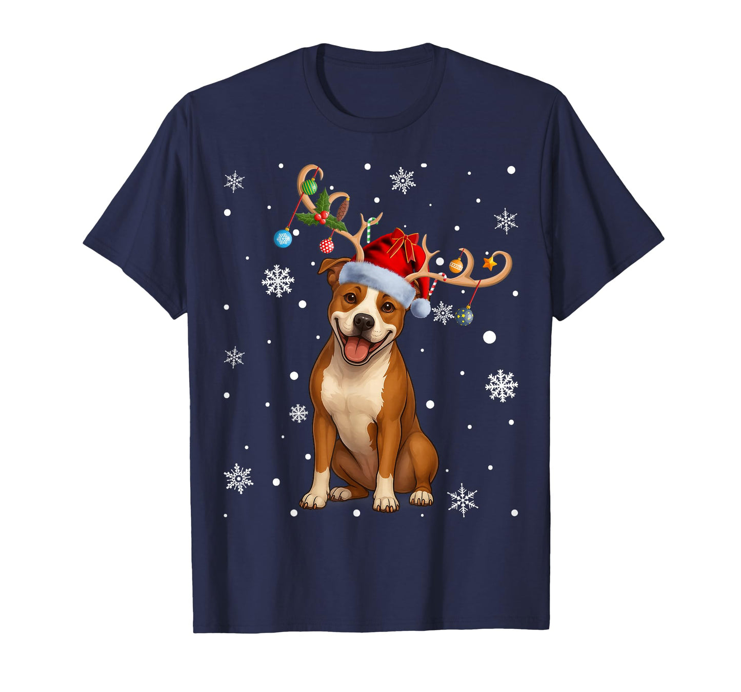 Christmas Balls Lights Reindeer Santa Pitbull Terrier Xmas T-Shirt