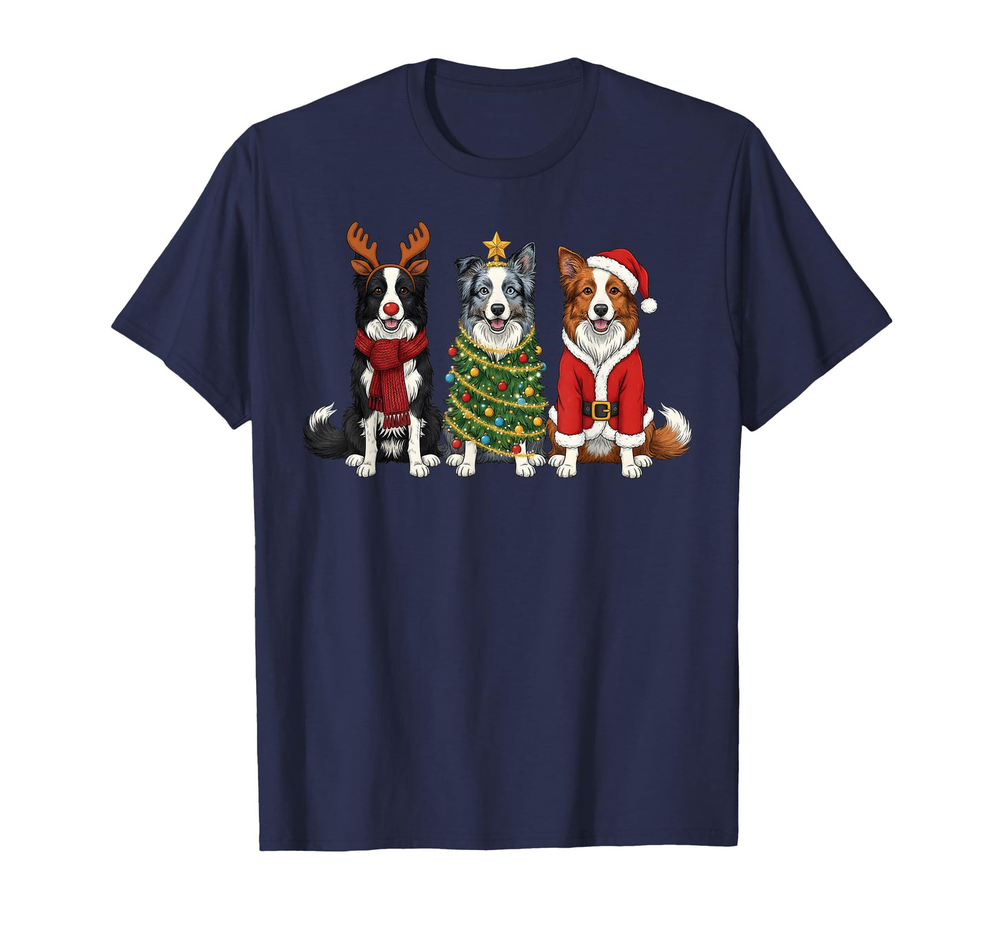 Retro Christmas Border Collie Santa Reindeer Dog Lover T-Shirt