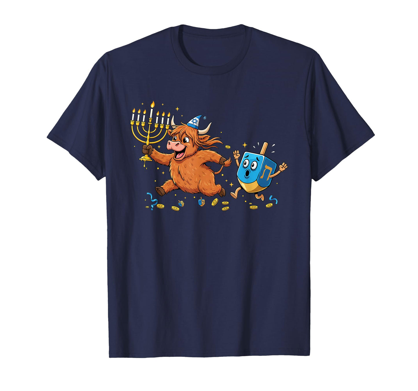 Funny Highland Cow Dreidel Menorah Hanukkah Kids Womens Mens T-Shirt