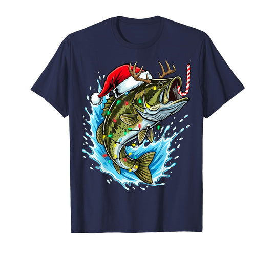 Christmas Bass Fishing Lights Xmas Santa Hat Fish T-Shirt