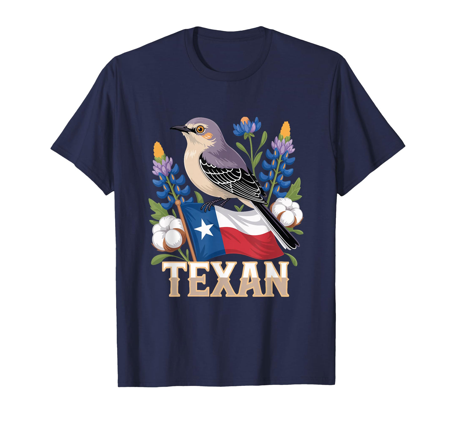Texan Mockingbird Texas Flag Bluebonnet Cotton T-Shirt