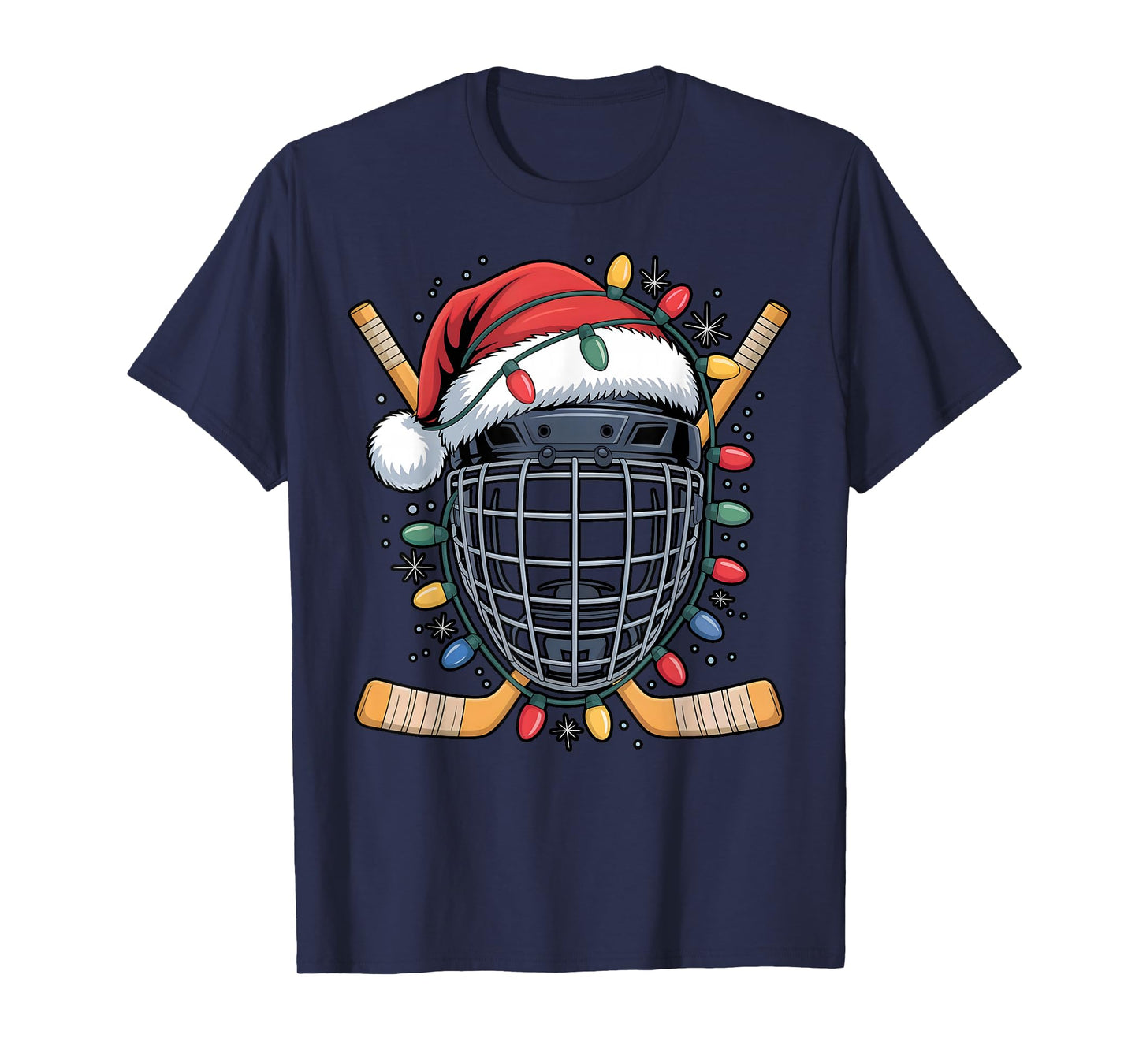 Santa Hockey Goalie Mask Christmas Lights Xmas Men Boys T-Shirt