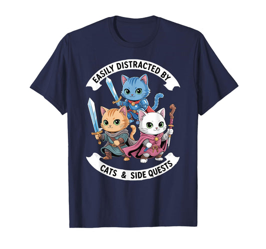 Easily Distracted by Cats & Side Quests Funny Cat Gamer RPG T-Shirt