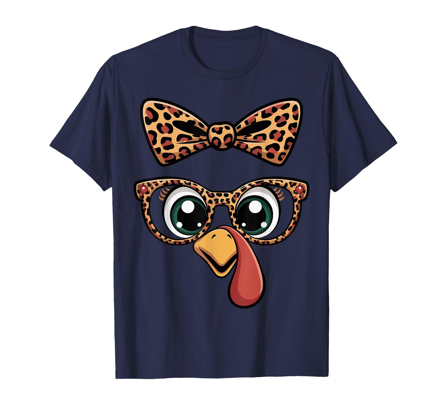 Thanksgiving Turkey Face Leopard Bow Glasses Women Girls T-Shirt