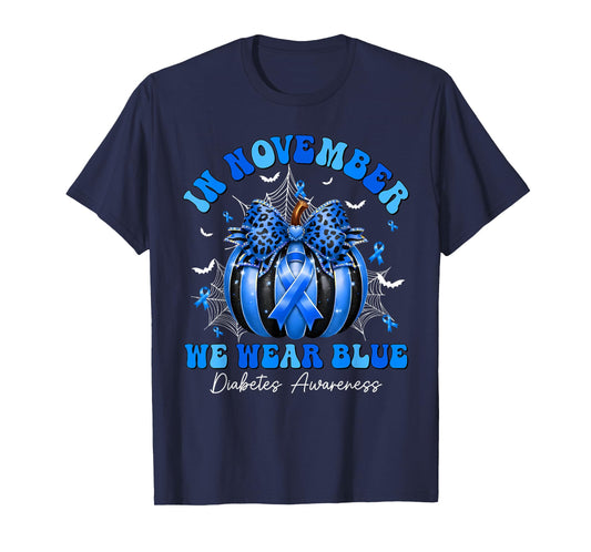 in November We Wear Blue Diabetes Awareness Pumpkin T-Shirt