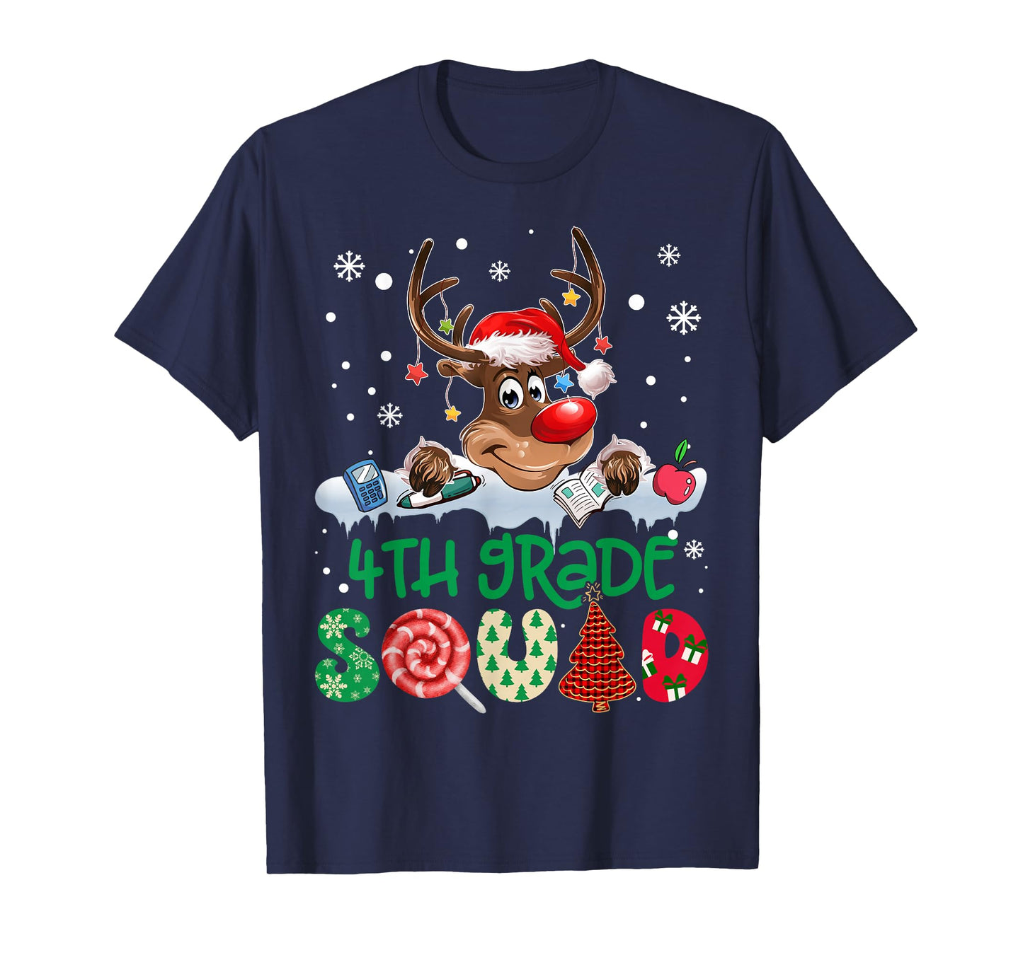 Reindeer Santa Hat 4th Grade Squad Teacher Christmas Kids T-Shirt