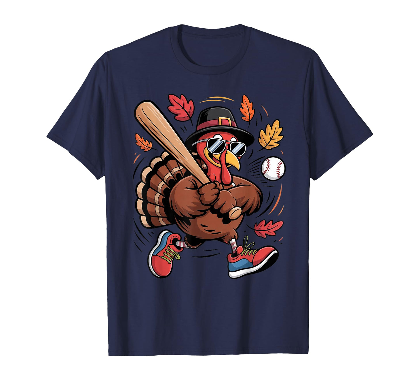 Turkey Playing Baseball Thanksgiving Boys Men Baseball Lover T-Shirt