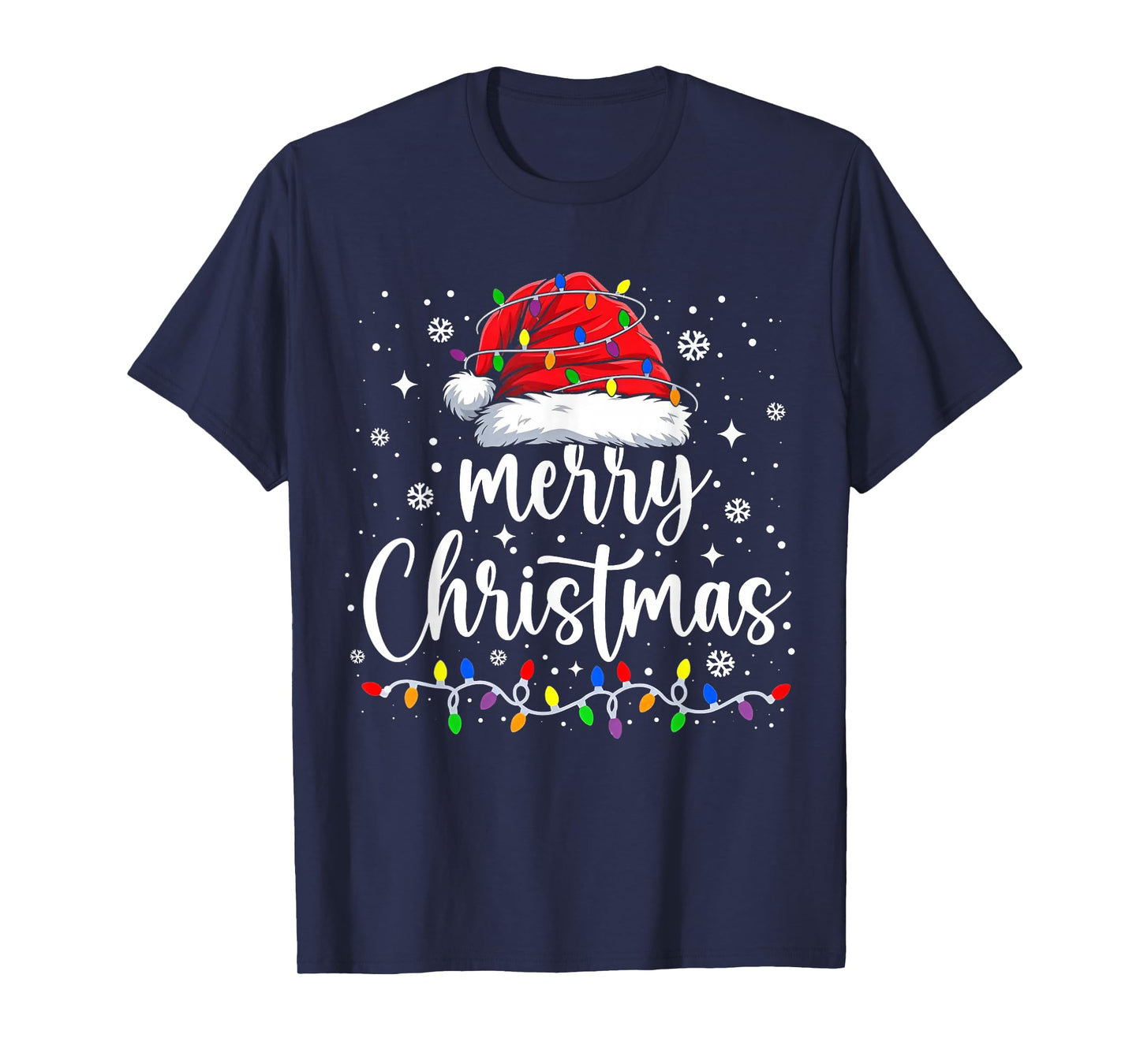 Merry Christmas Lights Santa Hat Xmas Family Matching Pajama T-Shirt