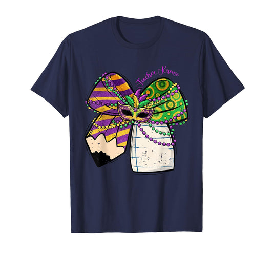 Coquette Bow Pencil Mask Beads Mardi Gras Teacher Krewe Cute T-Shirt
