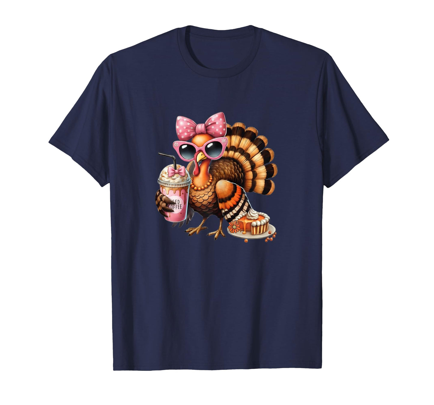Turkey Drinking Coffee Bow Thanksgiving Womens Turkey Day T-Shirt