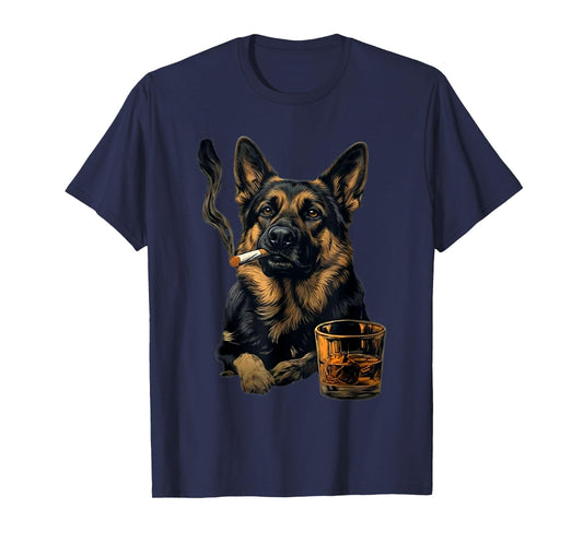 German Shepherd Dog Smoking Cigarette Whisky Lover Funny Dog T-Shirt