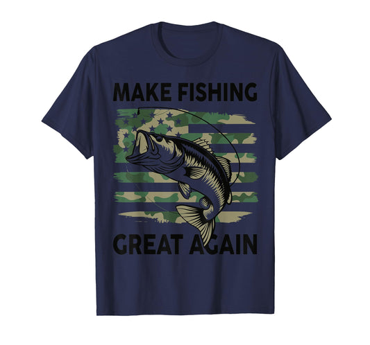 Funny Make Fishing Great Again Camo Bass Fish American Flag T-Shirt