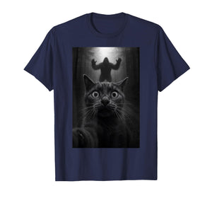 Shocked Black Cat Selfie with Bigfoot Funny for Kids Teens T-Shirt