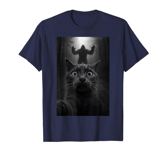 Shocked Black Cat Selfie with Bigfoot Funny for Kids Teens T-Shirt