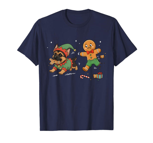 Gingerbread Chasing German Shepherd Dog Christmas Pet Lover T-Shirt