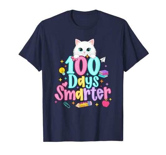 100 Days Smarter Cat Preppy 100th Day of School Girls Kids T-Shirt