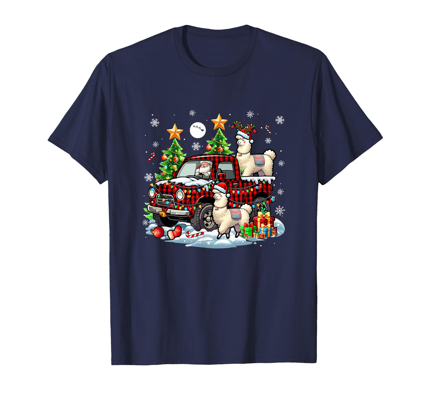 Two Xmas Reindeer Santa Llamas On Colorful Pickup Truck T-Shirt