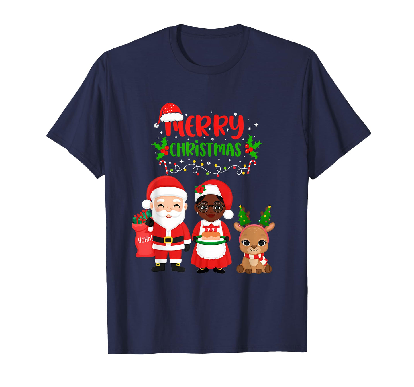 Cute Santa & Melanin Mrs Claus Interracial Family Christmas T-Shirt