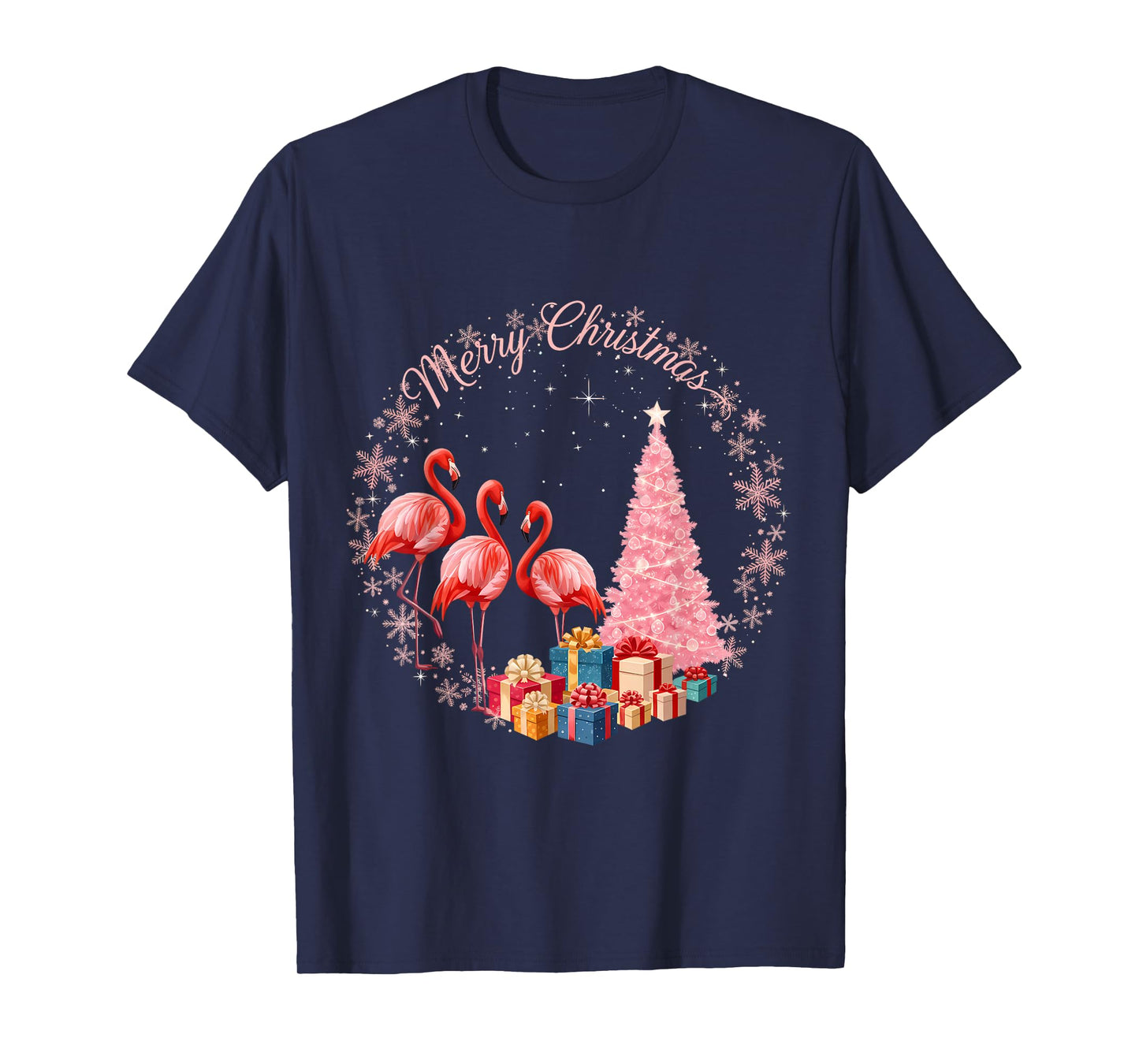 Flamingo Light Xmas Snow Hat Santa Merry Christmas T-Shirt