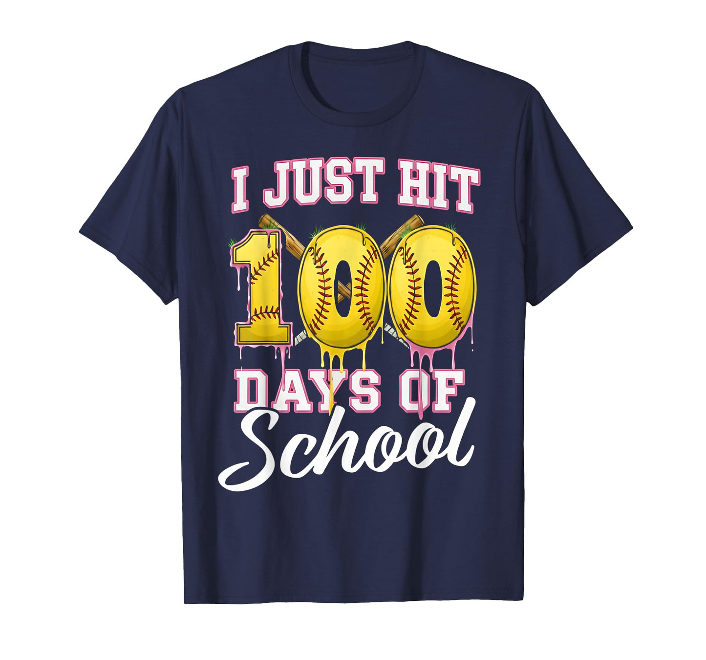 I Hit 100 Days of School Softball Ice Cream Drip 100th Day T-Shirt