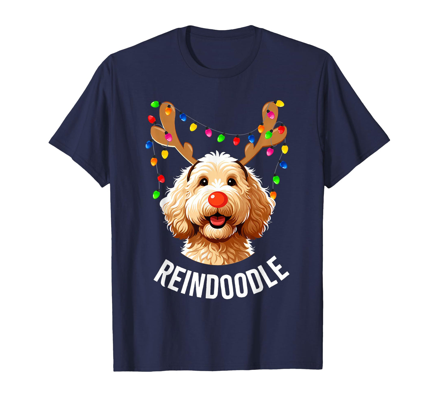 Funny Reindeer Santa Goldendoodle Christmas Tree Lights T-Shirt
