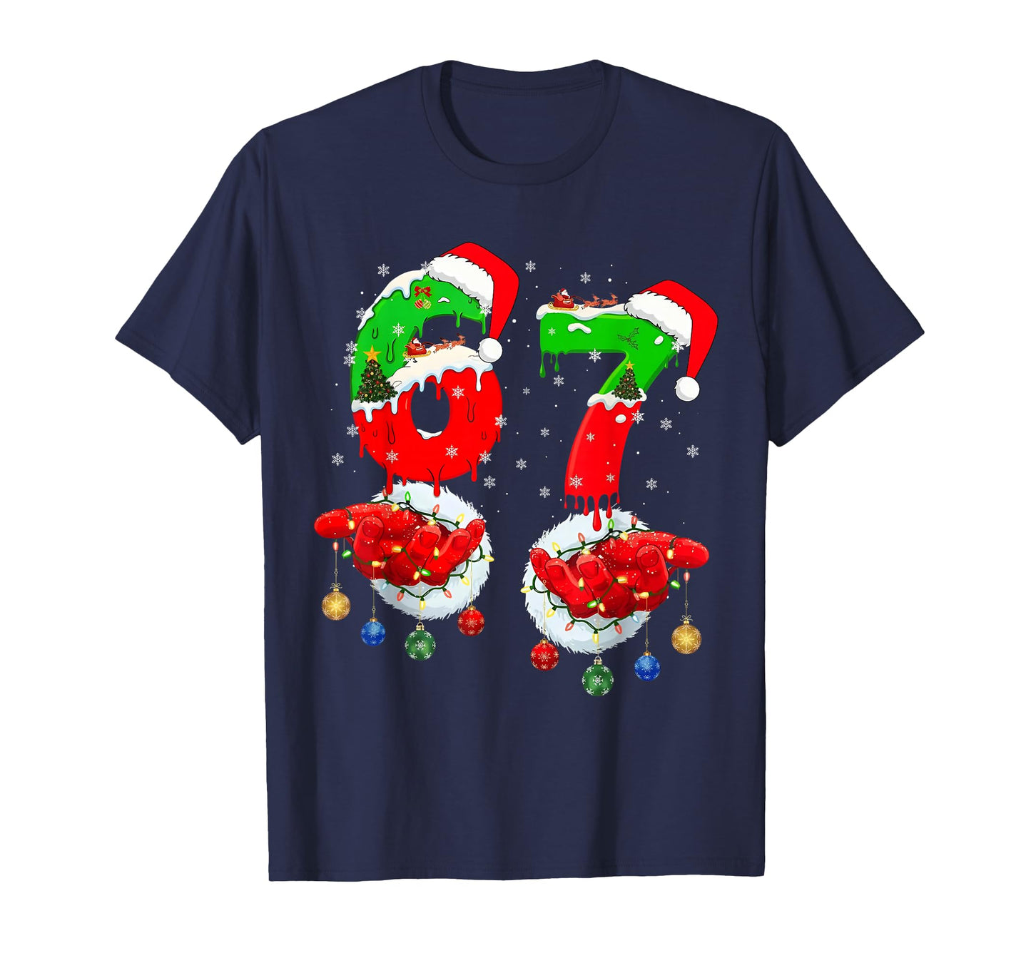 Funny Six Seven 67 Meme 6 7 Christmas Santa Hand Boys Teens T-Shirt
