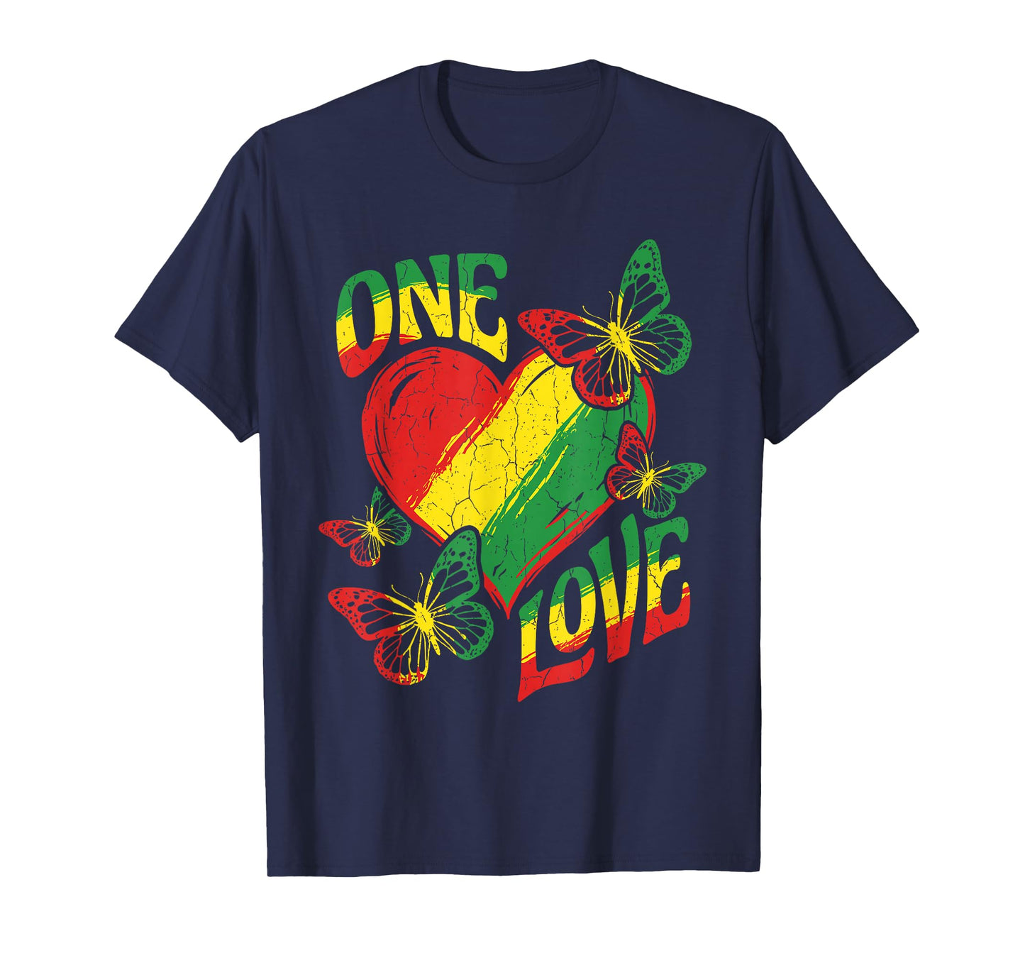 One Love Rasta Heart Red Yellow Green Reggae Butterfly Roots T-Shirt