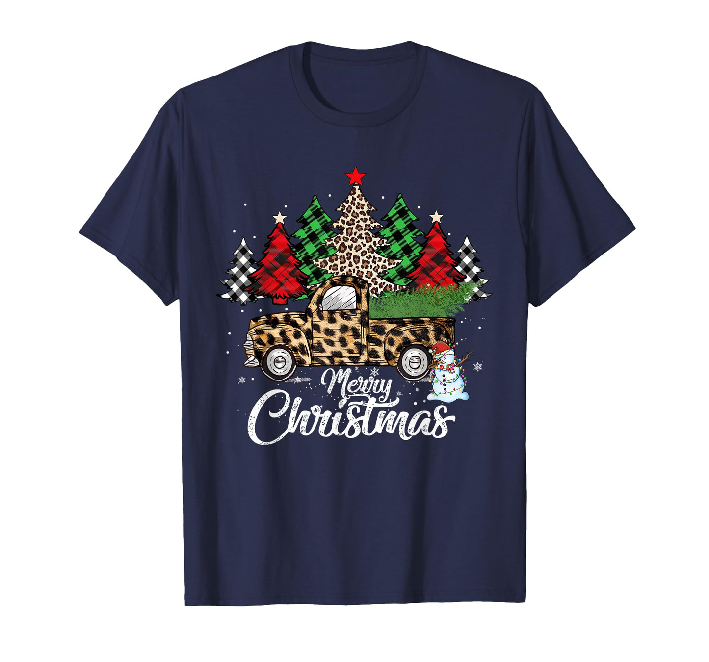 Merry Christmas Leopard Truck Buffalo Plaid Xmas Trees Party T-Shirt