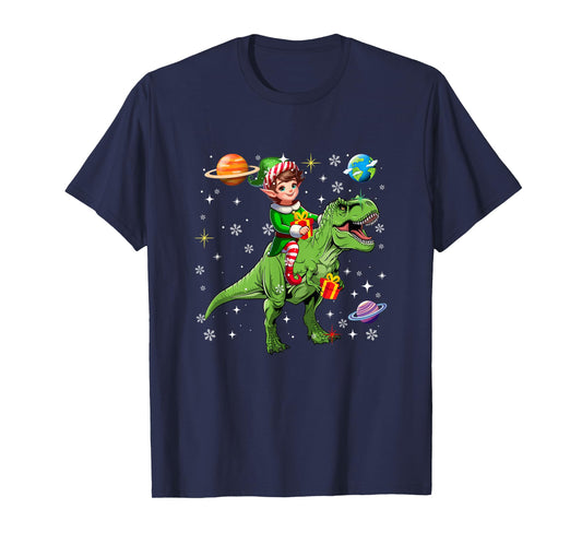 Elf Riding T-Rex Colorful Christmas Boxes Space Planets T-Shirt