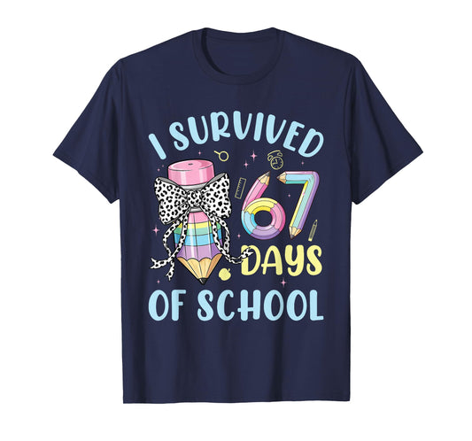I Survived 67 Days of School Cute Pastel Pencil Bow Design T-Shirt
