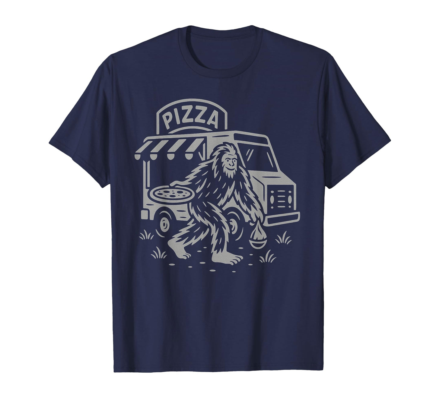 Funny Bigfoot Cryptid Eats Pizza Beside Food Truck at Night T-Shirt