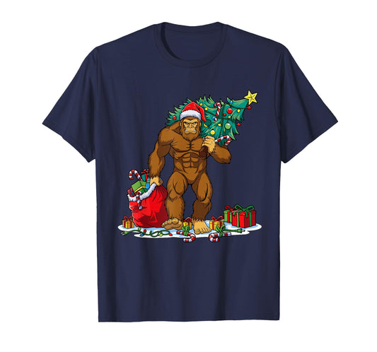 Santa Bigfoot Christmas Tree Xmas Lights Funny Sasquatch T-Shirt