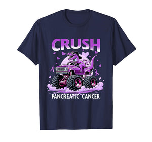 Crush Pancreatic Cancer Dino Truck Purple Ribbon Support T-Shirt