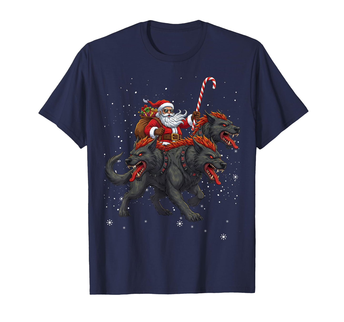 Santa Claus Riding Cerberus Mythical Christmas Monster T-Shirt