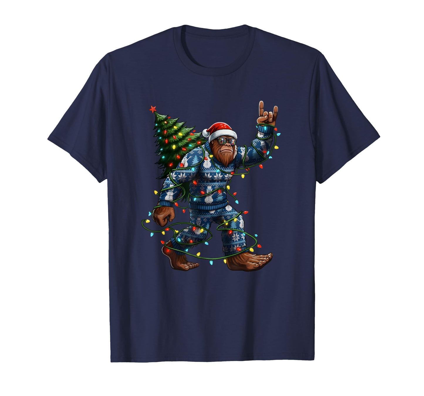 Bigfoot Sasquatch Christmas Tree Santa Hat Lights Pajama T-Shirt