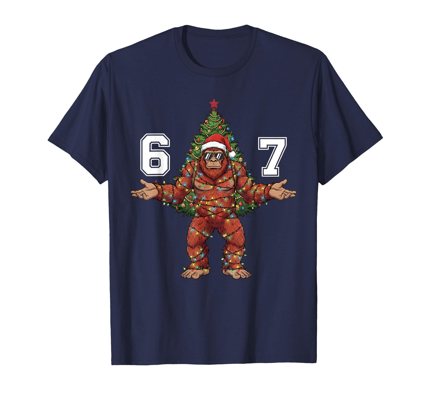Santa Bigfoot 67 Christmas Tree Xmas Lights Funny Sasquatch T-Shirt