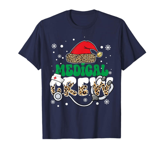 Medical Crew Nurse Leopard Santa Hat Stethoscope Christmas T-Shirt