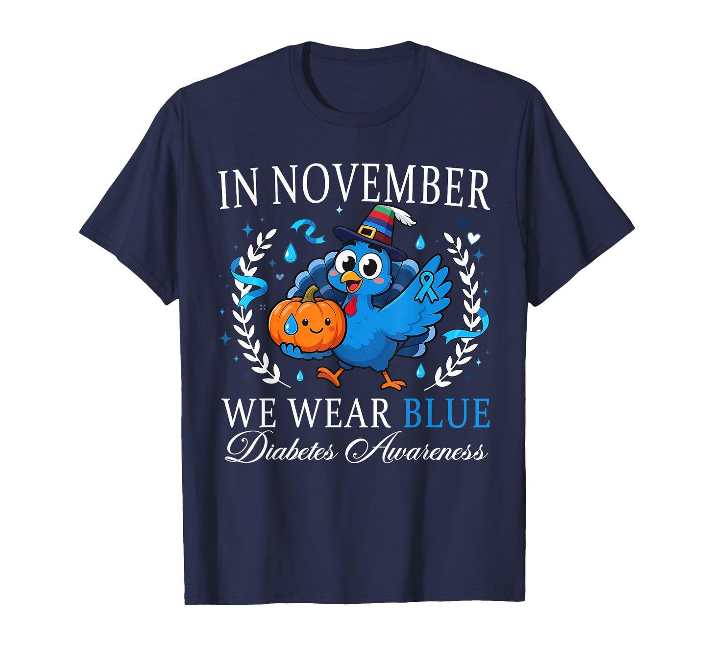 in November We Wear Blue Diabetes Awareness Pumpkin Turkey T-Shirt
