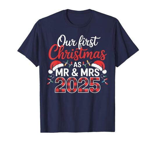 Our First Christmas as Mr and Mrs 2025 Matching Couple T-Shirt