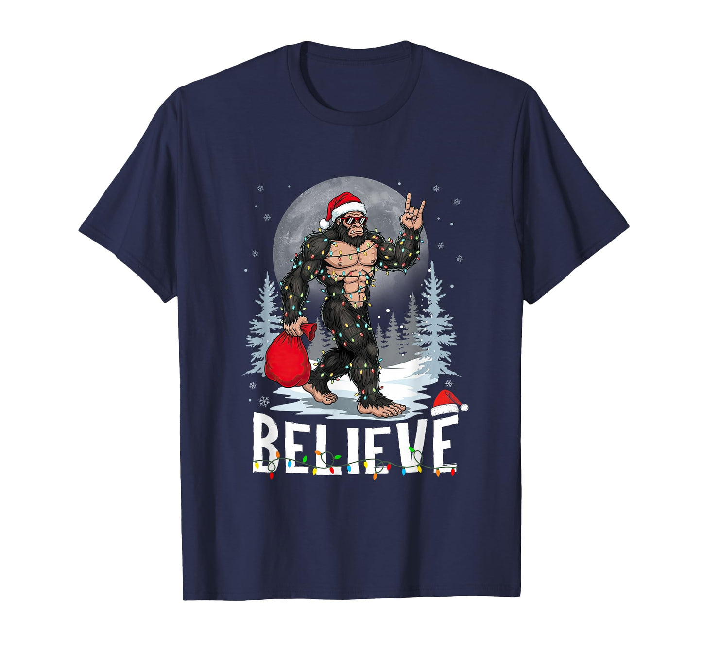 Believe Bigfoot Christmas Light Santa Sasquatch Rock Men Boy T-Shirt